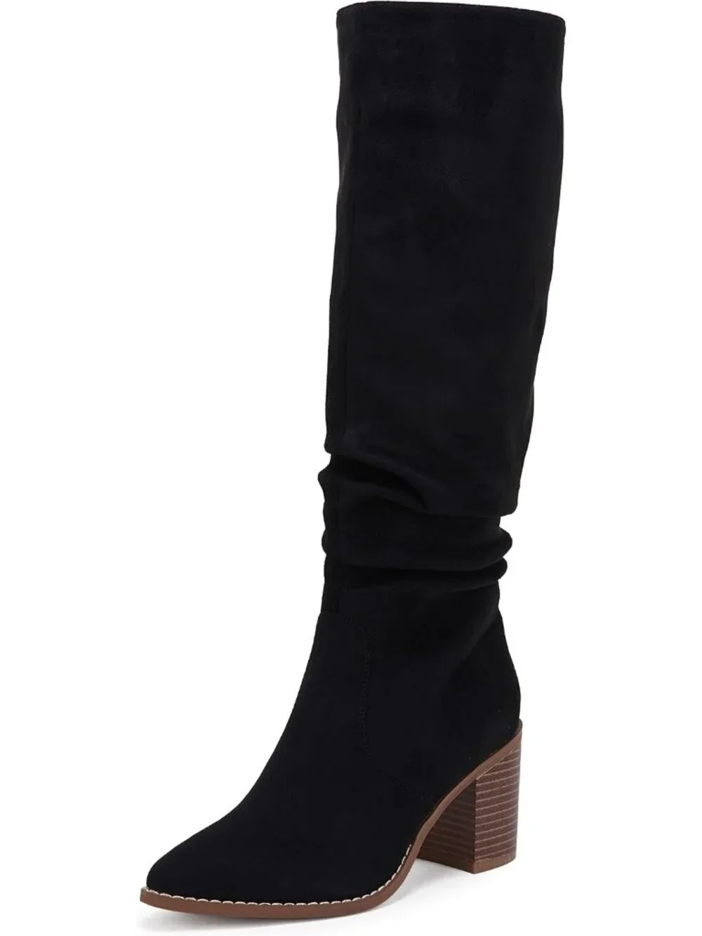 Women's Black Pointed Toe Mid Chunky Heel Side Zipper Over The Knee Boots
